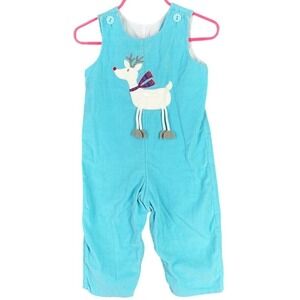 Mulberry St Reindeer Applique Corduroy Jon Jon Romper‎ Overalls Blue 18M Unisex